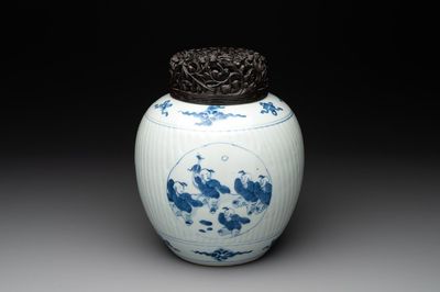 A Chinese blue and white 'playing boys' vase and wooden cover, Kangxi