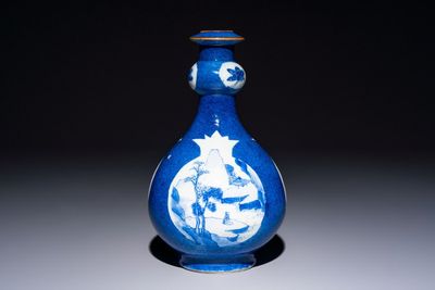 A Chinese blue and white powder-blue-ground hookah base, Kangxi