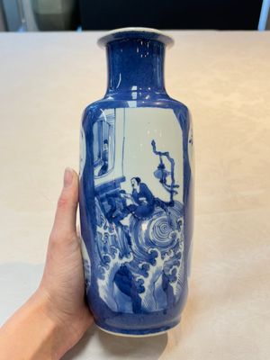 A Chinese blue and white powder-blue-ground 'Zhang Qian Cheng Cha 張騫乘槎' rouleau vase, Kangxi — photo 1