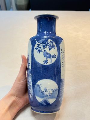 A Chinese blue and white powder-blue-ground 'Zhang Qian Cheng Cha 張騫乘槎' rouleau vase, Kangxi — photo 2