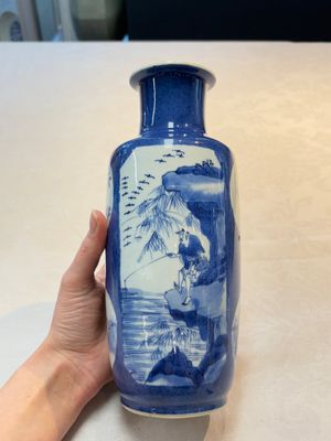 A Chinese blue and white powder-blue-ground 'Zhang Qian Cheng Cha 張騫乘槎' rouleau vase, Kangxi — photo 3