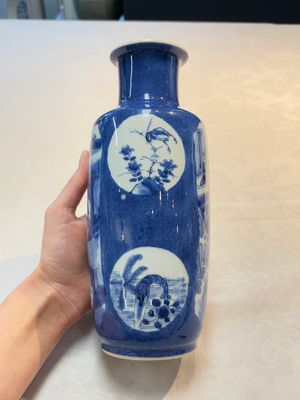 A Chinese blue and white powder-blue-ground 'Zhang Qian Cheng Cha 張騫乘槎' rouleau vase, Kangxi — photo 4