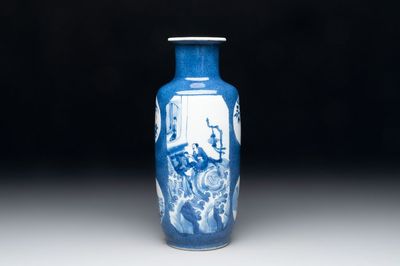 A Chinese blue and white powder-blue-ground 'Zhang Qian Cheng Cha 張騫乘槎' rouleau vase, Kangxi