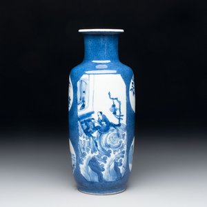 A Chinese blue and white powder-blue-ground 'Zhang Qian Cheng Cha 張騫乘槎' rouleau vase, Kangxi — photo 1