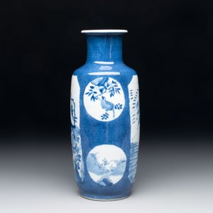 A Chinese blue and white powder-blue-ground 'Zhang Qian Cheng Cha 張騫乘槎' rouleau vase, Kangxi — photo 2