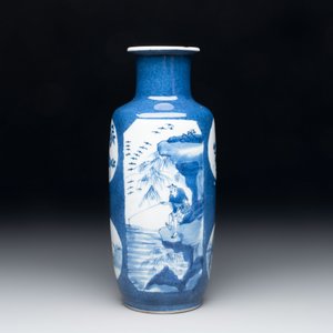 A Chinese blue and white powder-blue-ground 'Zhang Qian Cheng Cha 張騫乘槎' rouleau vase, Kangxi — photo 3