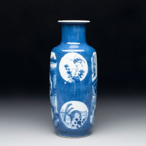 A Chinese blue and white powder-blue-ground 'Zhang Qian Cheng Cha 張騫乘槎' rouleau vase, Kangxi — photo 4
