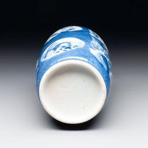 A Chinese blue and white powder-blue-ground 'Zhang Qian Cheng Cha 張騫乘槎' rouleau vase, Kangxi — photo 6