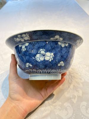 A Chinese blue and white 'Prunus on Cracked Ice' bowl, lingzhi mark, Kangxi — photo 1