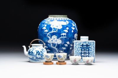 A Chinese blue and white 'prunus on cracked ice' jar, a tea caddy, a covered teapot, and four famille rose cups, 19th C.