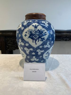 A Chinese blue and white 'prunus on cracked ice' jar with wooden cover, 19th C. — photo 1