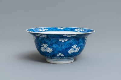 A Chinese blue and white 'prunus on cracked ice' klapmuts bowl, Kangxi