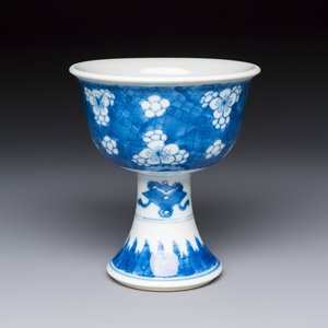 A Chinese blue and white 'Prunus on Cracked Ice' stem bowl — photo 1
