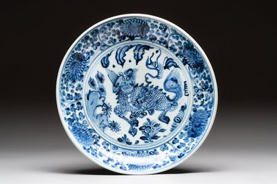 A Chinese blue and white 'qilin' dish, Hongzhi/Zhengde