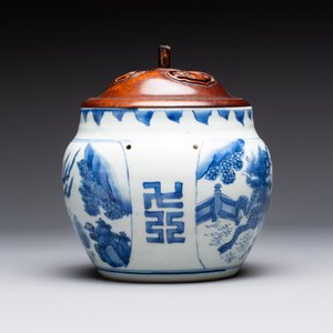 A Chinese blue and white 'qilin' jar and wooden cover, Transitional period — photo 4