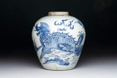 A Chinese blue and white 'qilin' jar, Transitional period