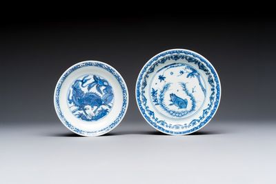 A Chinese blue and white 'Qilin' saucer dish and a 'Frog' saucer dish, Jiajing/Wanli