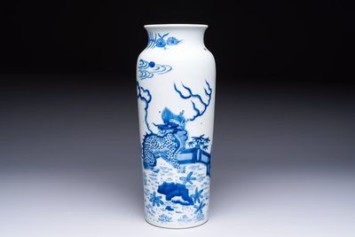 A Chinese blue and white 'Qilin' sleeve vase, 19th C.