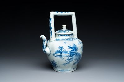 A Chinese blue and white 'qilins' wine ewer, Transitional period