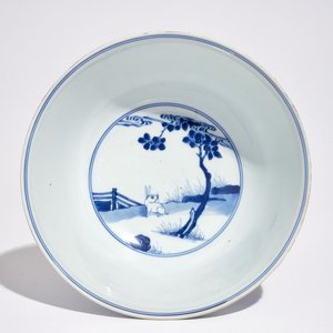 A Chinese blue and white rabbit bowl, Chenghua mark, Kangxi/Yongzheng — photo 1