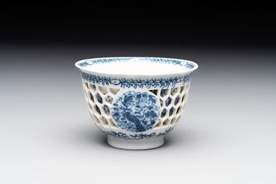 A Chinese blue and white reticulated double-walled cup, pearl mark, Kangxi