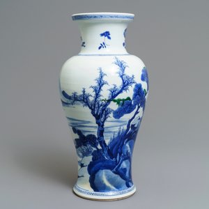 A Chinese blue and white 'river landscape' baluster vase with overglaze accents, Kangxi — photo 2