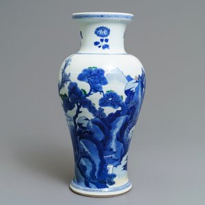 A Chinese blue and white 'river landscape' baluster vase with overglaze accents, Kangxi — photo 3