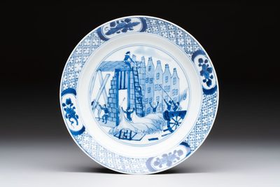 A Chinese blue and white 'Rotterdam Riot' plate, Chenghua mark, Kangxi