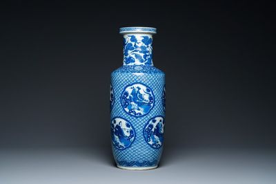 A Chinese blue and white rouleau 'immortals' vase, Kangxi mark, 19th C.