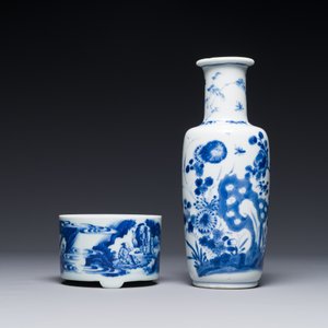 A Chinese blue and white rouleau vase and a tripod censer, Kangxi — photo 2