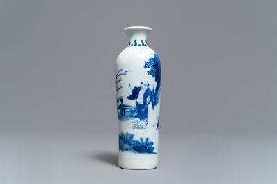 A Chinese blue and white rouleau vase with a figure in a landscape, Transitional period