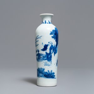 A Chinese blue and white rouleau vase with a figure in a landscape, Transitional period — 照片 1