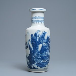 A Chinese blue and white rouleau vase with figures in a landscape, Kangxi — photo 4