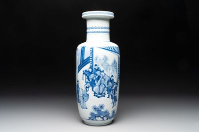 A Chinese blue and white rouleau vase with narrative design, Kangxi