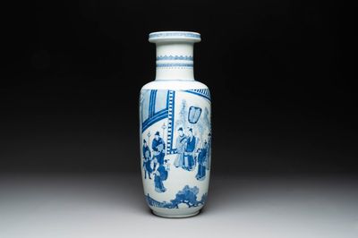 A Chinese blue and white rouleau vase with narrative design, Kangxi