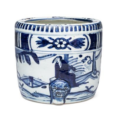 A Chinese blue and white 'Scholars' cylindrical tripod censer, Wanli