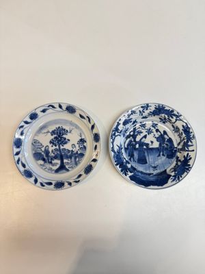 A Chinese blue and white 'Sense of Smell' plate and an 'Amorous Shepherds' plate, Kangxi — photo 1