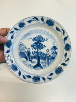 A Chinese blue and white 'Sense of Smell' plate and an 'Amorous Shepherds' plate, Kangxi — photo 16