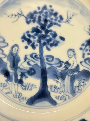 A Chinese blue and white 'Sense of Smell' plate and an 'Amorous Shepherds' plate, Kangxi — photo 17