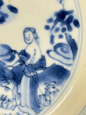 A Chinese blue and white 'Sense of Smell' plate and an 'Amorous Shepherds' plate, Kangxi — photo 19