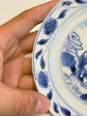 A Chinese blue and white 'Sense of Smell' plate and an 'Amorous Shepherds' plate, Kangxi — photo 20