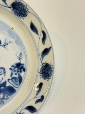 A Chinese blue and white 'Sense of Smell' plate and an 'Amorous Shepherds' plate, Kangxi — photo 21