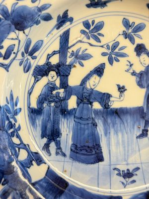A Chinese blue and white 'Sense of Smell' plate and an 'Amorous Shepherds' plate, Kangxi — photo 3