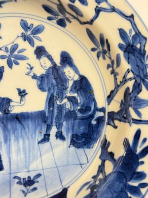 A Chinese blue and white 'Sense of Smell' plate and an 'Amorous Shepherds' plate, Kangxi — photo 4
