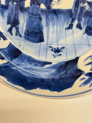 A Chinese blue and white 'Sense of Smell' plate and an 'Amorous Shepherds' plate, Kangxi — photo 8