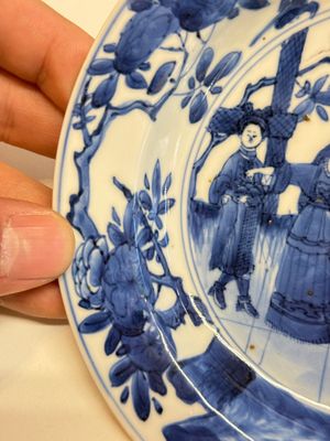 A Chinese blue and white 'Sense of Smell' plate and an 'Amorous Shepherds' plate, Kangxi — photo 9