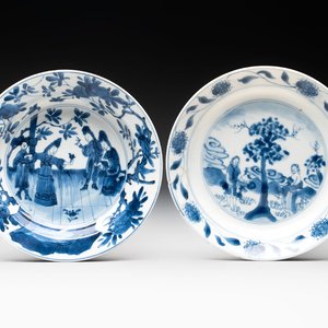 A Chinese blue and white 'Sense of Smell' plate and an 'Amorous Shepherds' plate, Kangxi — photo 1