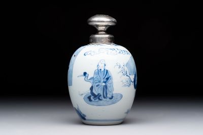 A Chinese blue and white 'Shoulao' tea caddy with silver mount and cover, Chenghua mark, Kangxi
