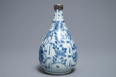 A Chinese blue and white silver-mounted bottle vase, Wanli