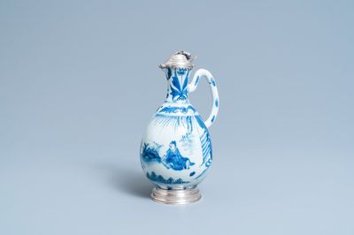 A Chinese blue and white silver-mounted ewer, Transitional period